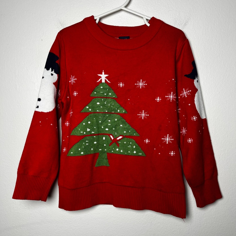 Gap Vintage Christmas Tree Snow Man Sweater Holiday Red Crew Neck size 130cm 6-7